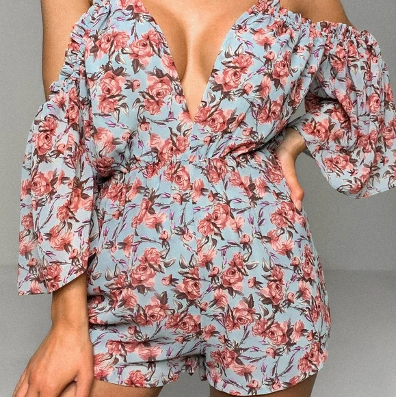 Missguided Pants Jumpsuits Blue Floral Print Cold Shoulder